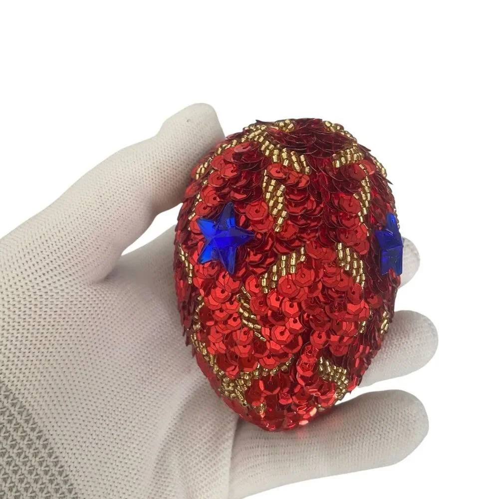 8 Christmas Tree Ornaments Pine Cone Handmade Sequins Beaded Blue Gold Red Green
